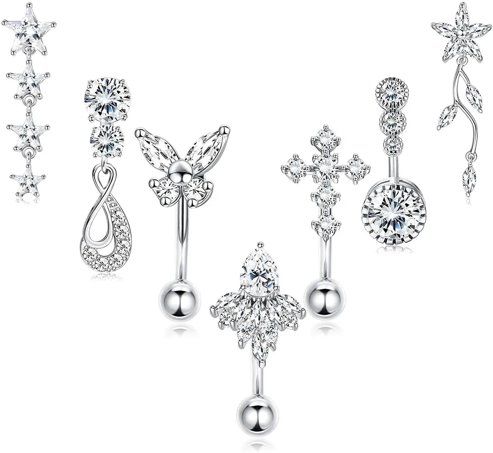 7Pcs 14G 316L Stainless Steel Belly Button Rings for Women Dangle Clear CZ Curved Navel Barbell Body Piercing Jewelry - Grocery