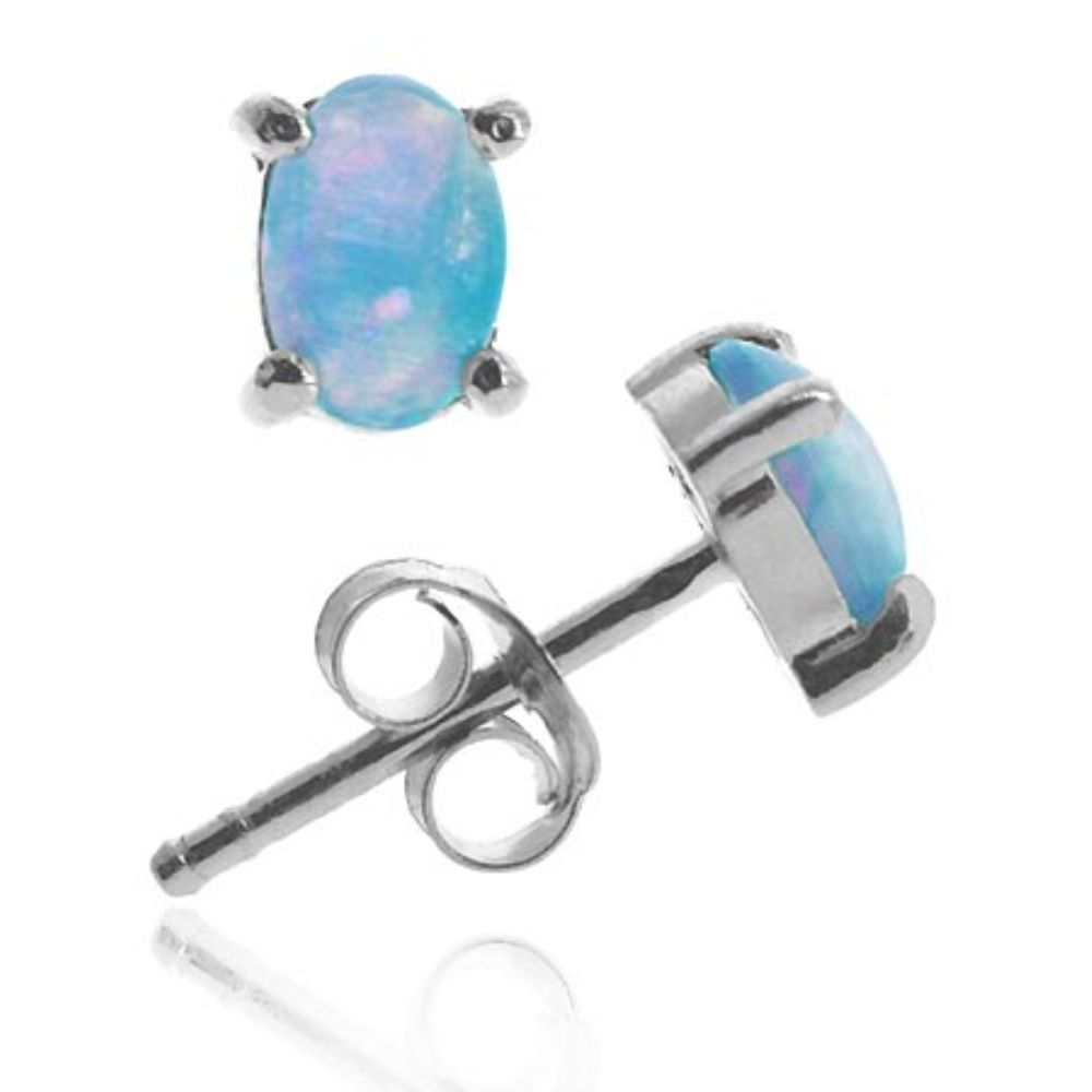 Sterling Silver 6x4 Oval Fiery Created Blue Opal Stud Earrings - Grocery