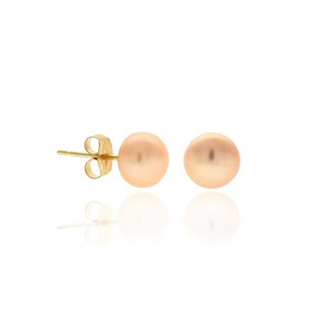 14K Gold Genuine Freshwater Cultured Peach 6-6.5mm Button Pearl Stud Earrings - Grocery