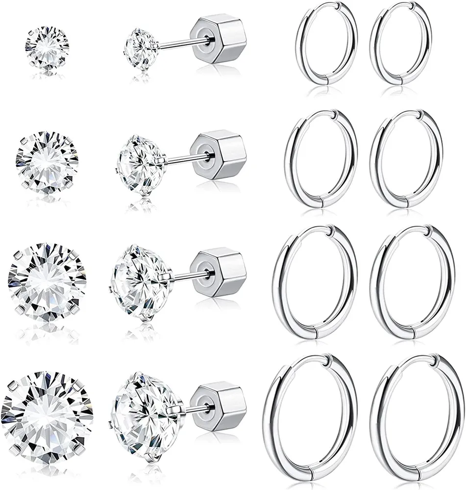 8 Pairs Hoop Earings Stud Earrings for Women Surgical Cartilage Earrings Minimalist Cubic Zirconia Earrings Studs Hypoallergenic Huggie Earrings Set - Grocery