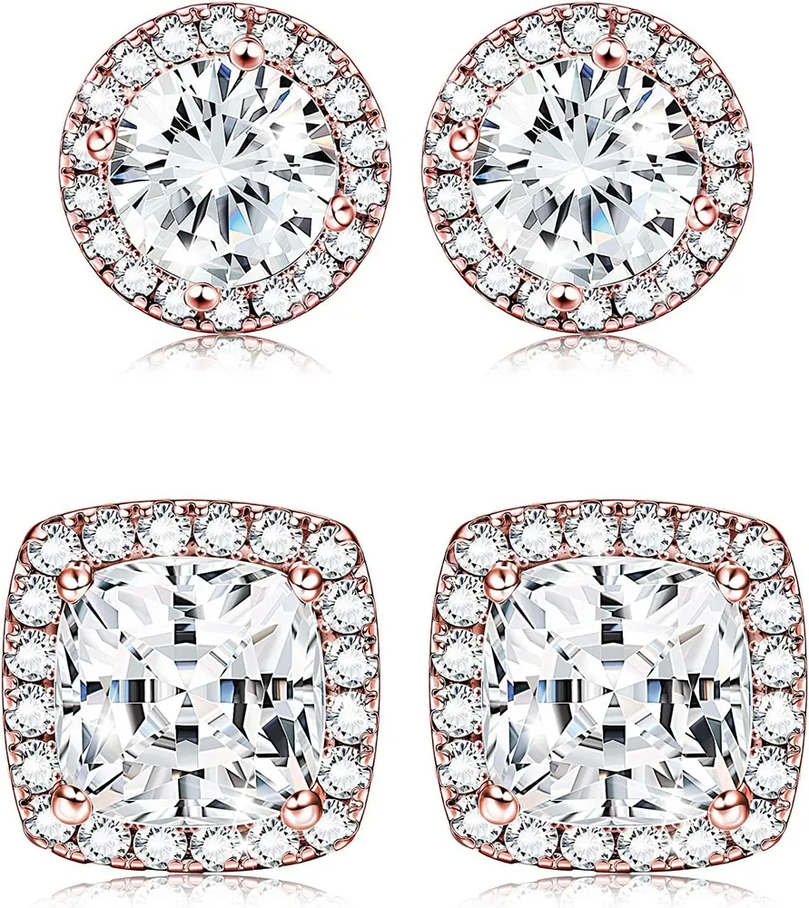2 Pairs Halo Stud Earrings Round Square Brillant Cut Earrings with Gift Box - Grocery