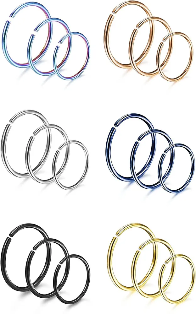 18 Pcs 18G/20G Stainless Steel Nose Ring Cartilage Hoop Piercing for Men Women 6 Mixed Colors - Grocery