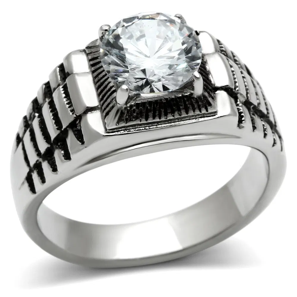 TK485 - High polished (no plating) Stainless Steel Ring with AAA Grade CZ in Clear - Grocery