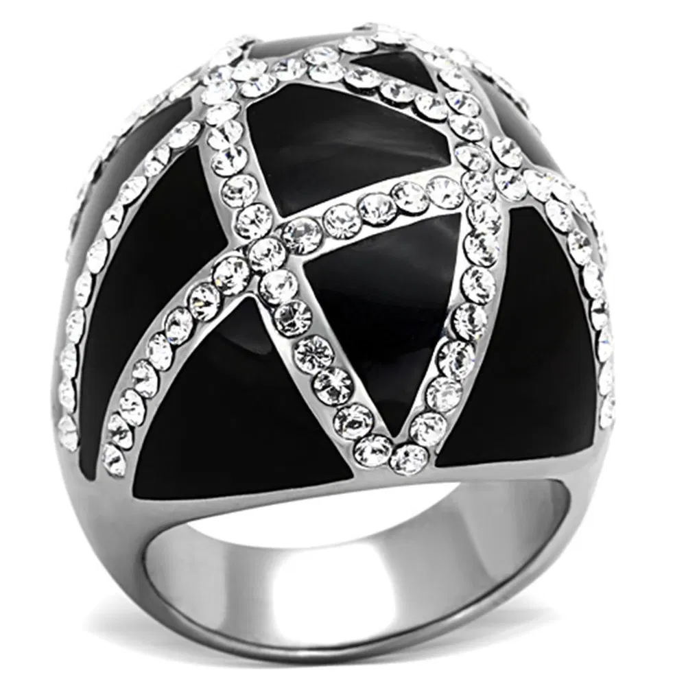TK1306 - High polished (no plating) Stainless Steel Ring with Top Grade Crystal in Clear - Grocery