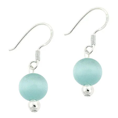 Sterling Silver Teal Cats Eye 8mm Bead Dangle Earrings - Grocery