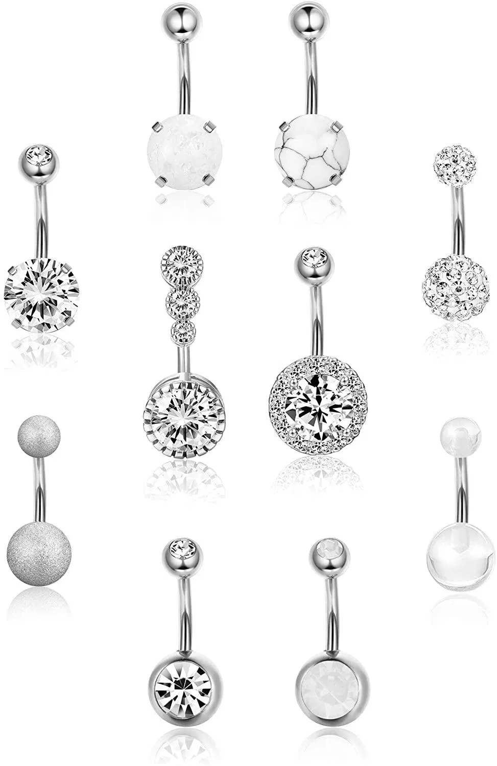 10PCS 14G 316L Stainles Steel Belly Button Rings for Women Hypoallergenic Clear CZ Belly Piercing Surgical Steel Navel Rings - Grocery