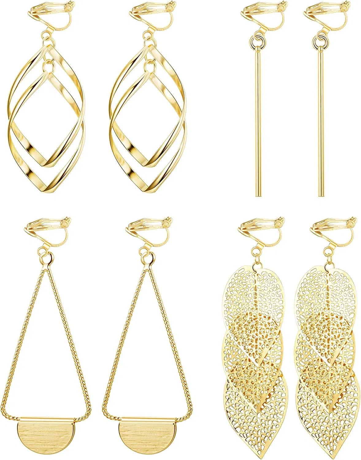 4 Pairs Clip On Earrings for Women Fashion Long Bar Hollow Leaf Drop Dangle Clip On Earrings Double Linear Paddle Pendant Non Pierced Earrings Set - Grocery