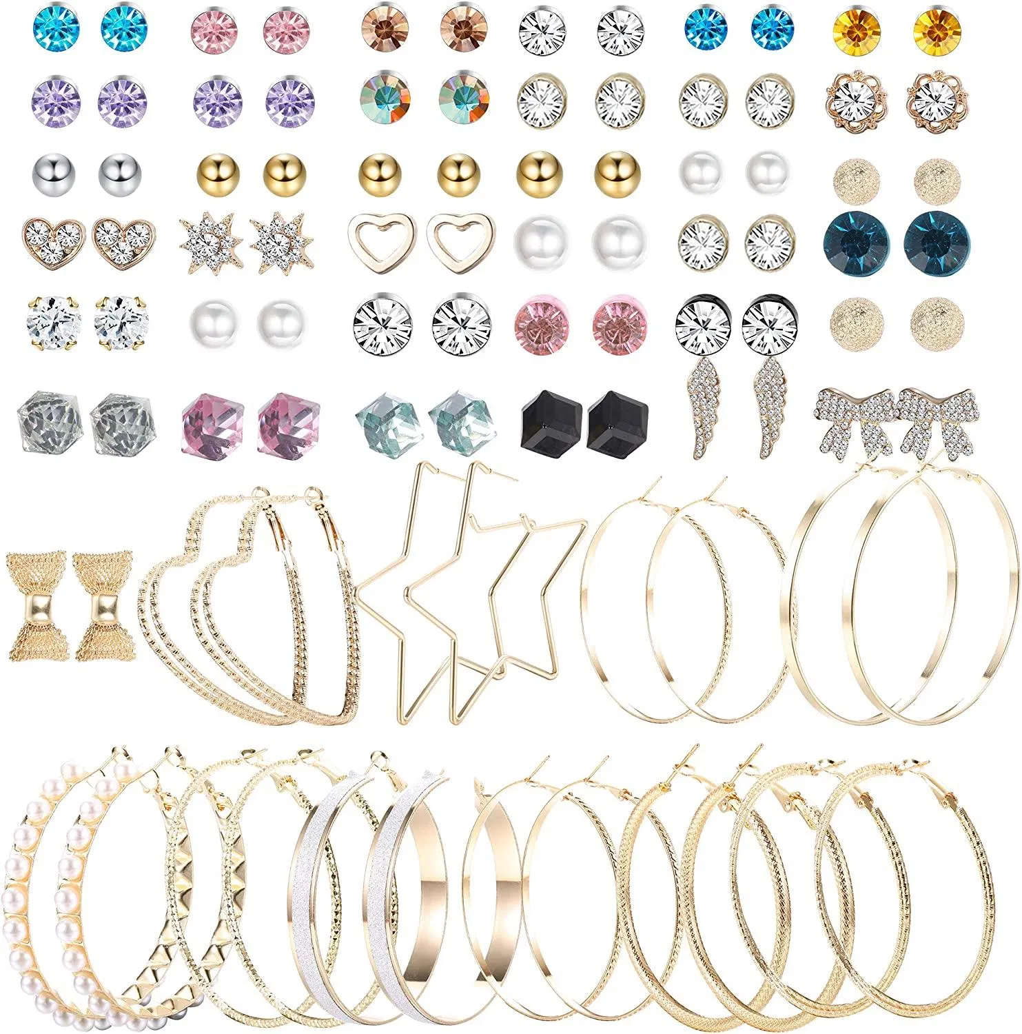 Big Hoop Stud Earrings Set Assorted Multiple Cute Earrings Heart Crystal Star Ball Earrings Pack 47-60 Pairs Set Gift for Women - Grocery