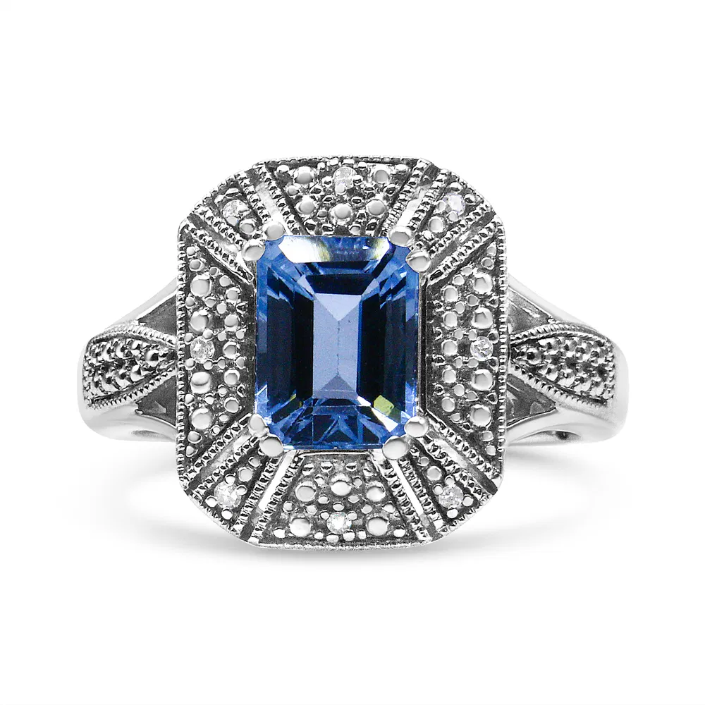 .925 Sterling Silver Diamond Accent and 8X6 mm Emerald-Shape Blue Topaz Ring (I-J Color, I2-I3 Clarity) - Grocery