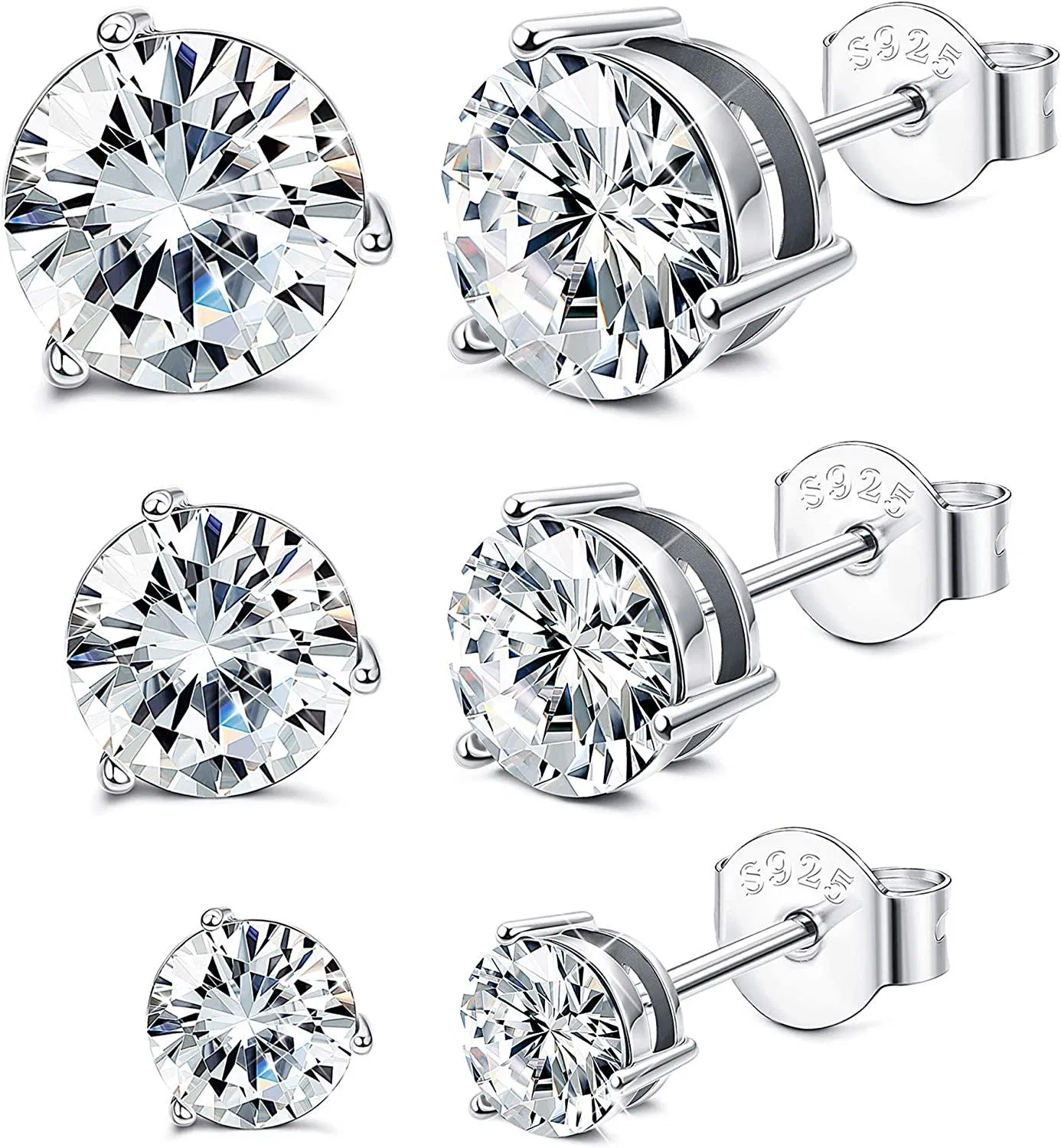3 Pairs Round-Cut Crystals Stud Earrings for Women Sterling Post Earrings Hypoallergenic Gift for Her 4-8MM Crystals from Austria - Grocery