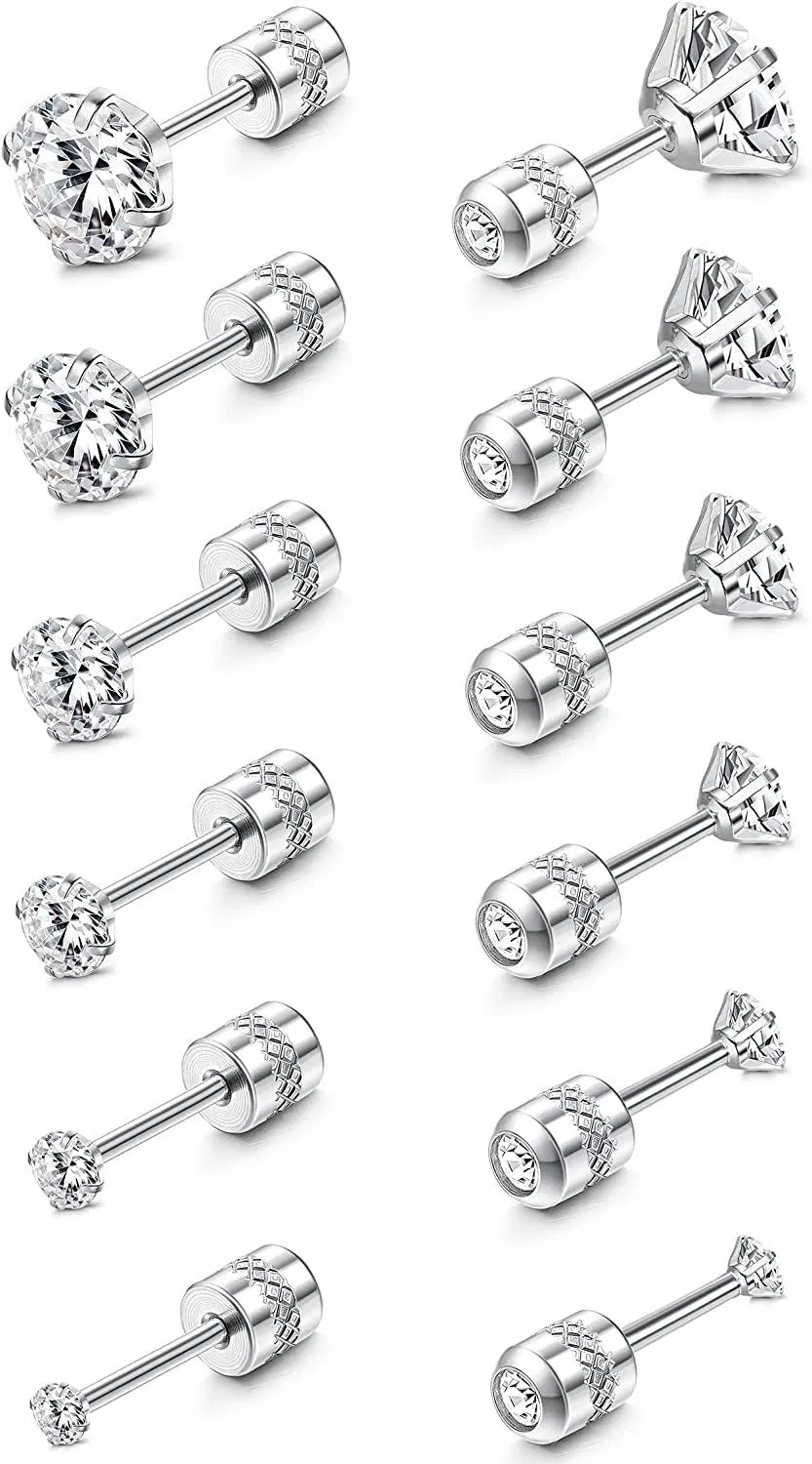 6 Pairs Stud Earrings for Women Men Stainless Double Round Cubic Zirconia CZ Earrings Screw Back 2-7MM - Grocery