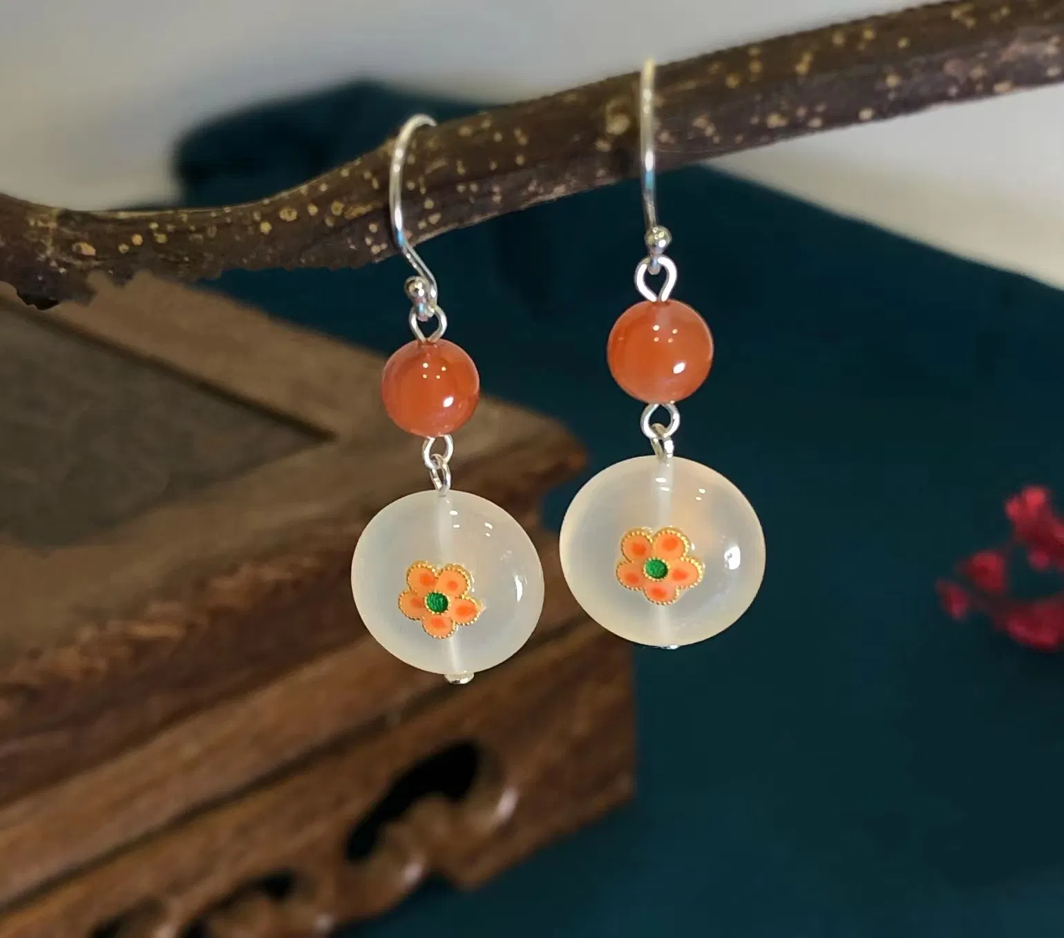 S925 Tremella Hook Earrings Petal South Red Pearl Women's Jewelry - Grocery