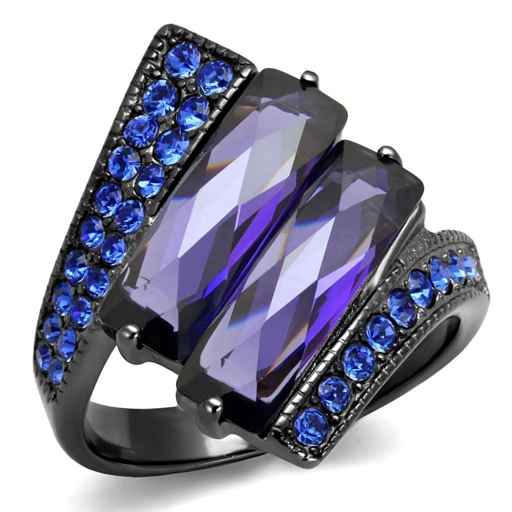 TK2996 - IP Light Black (IP Gun) Stainless Steel Ring with AAA Grade CZ in Tanzanite - Grocery