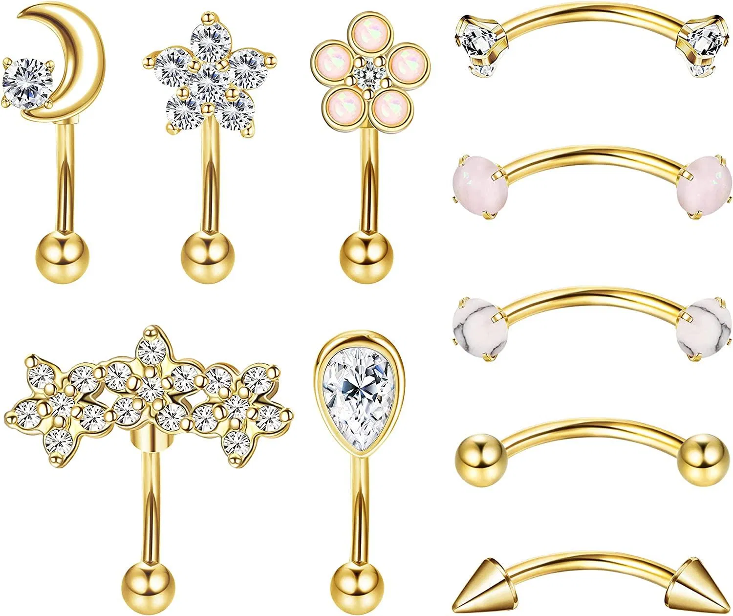 10PCS Stainless Rook Daith Earring for Women Curved Barbell Eyebrow Rings Belly Lip Ring Cartilage Tragus Body Piercing CZ Flower Rook Piercing - Grocery