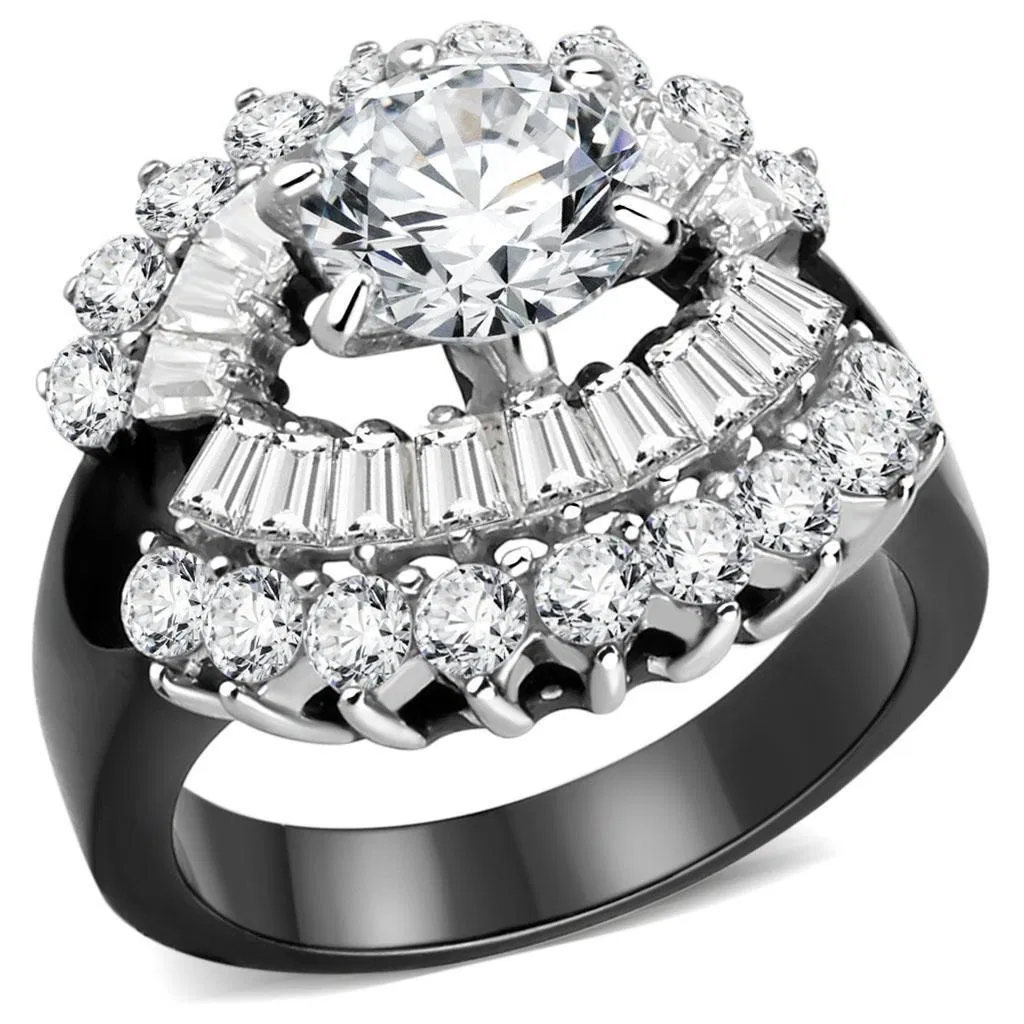 TK1523 - Two-Tone IP Black Stainless Steel Ring with AAA Grade CZ in Clear - Grocery