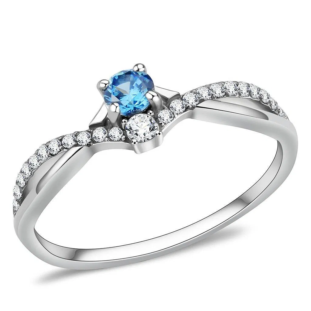 DA120 - High polished (no plating) Stainless Steel Ring with AAA Grade CZ in Sea Blue - Grocery