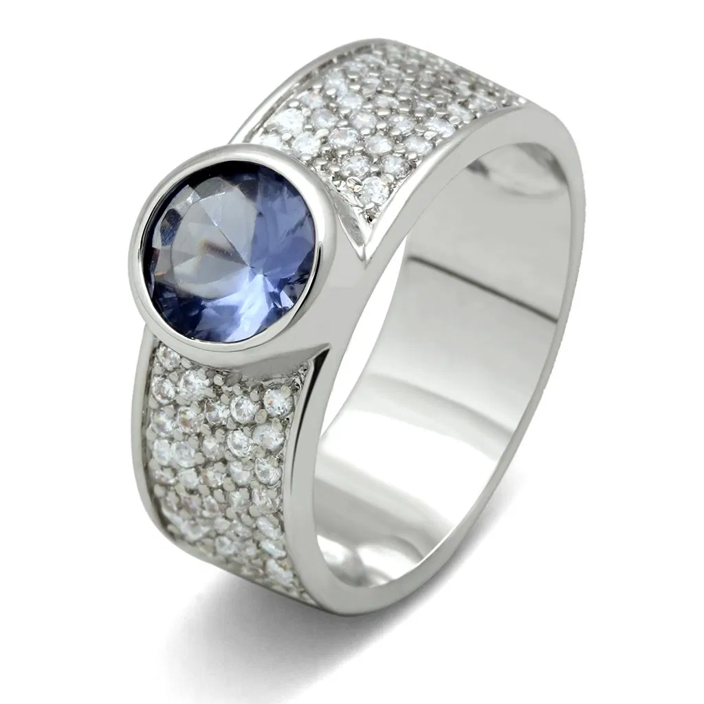 3W146 - Rhodium Brass Ring with Synthetic Synthetic Glass in Light Sapphire - Grocery