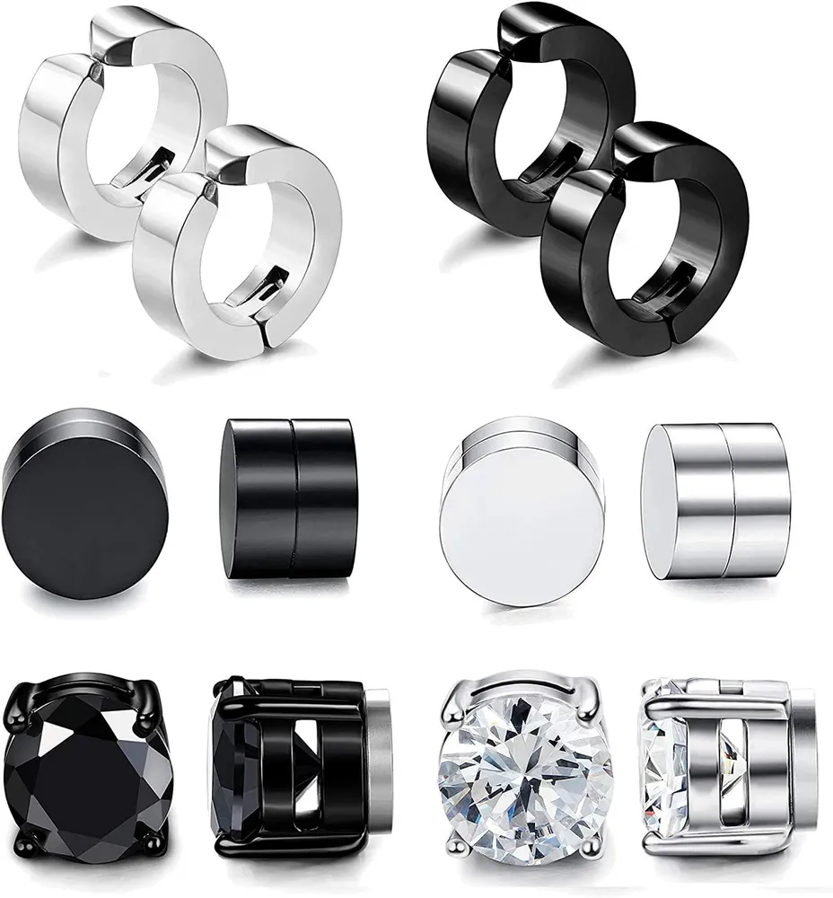 6 Pairs Stainless Magnetic Stud Earrings for Men Women Clip On Hoop Huggie Non-Pierced Earrings Set - Grocery