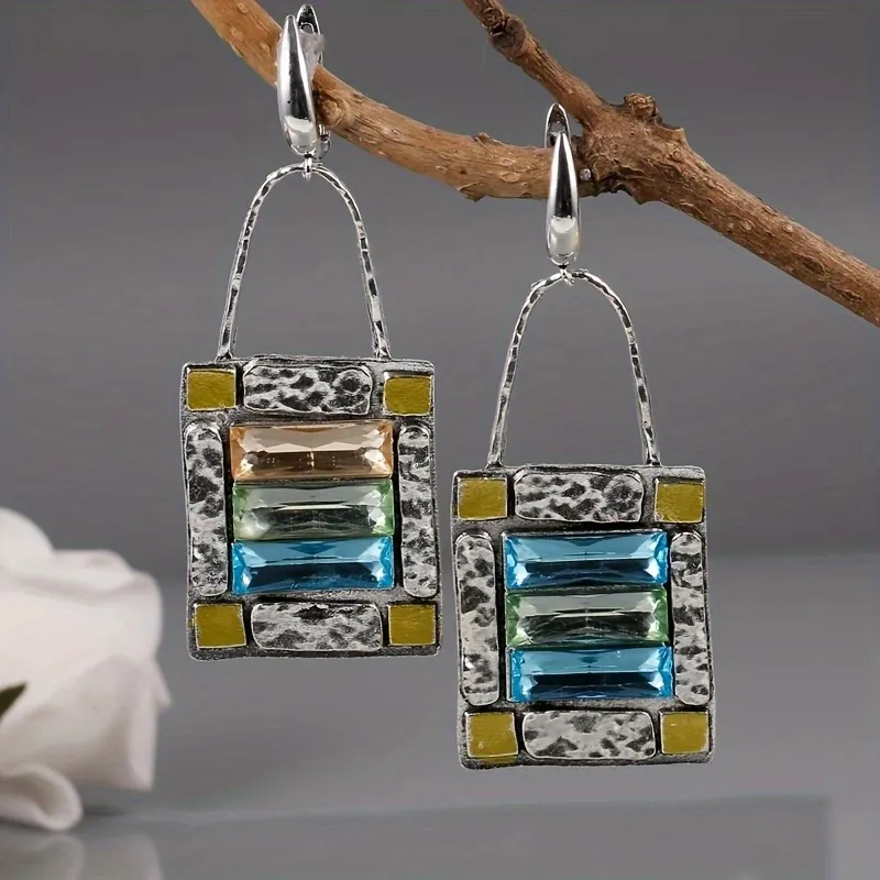 Vintage Green Blue Crystal Stone Hook Earrings Geometric Square Zircon Earrings Party Jewelry - Grocery