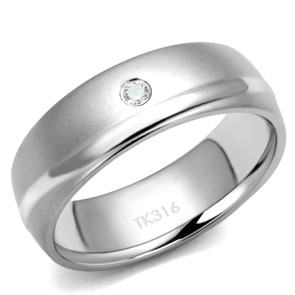 TK2932 - High polished (no plating) Stainless Steel Ring with AAA Grade CZ in Clear - Grocery