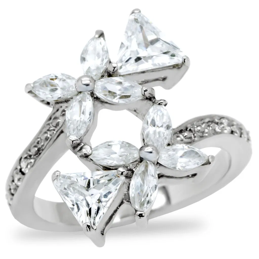 TK196 - High polished (no plating) Stainless Steel Ring with AAA Grade CZ in Clear - Grocery