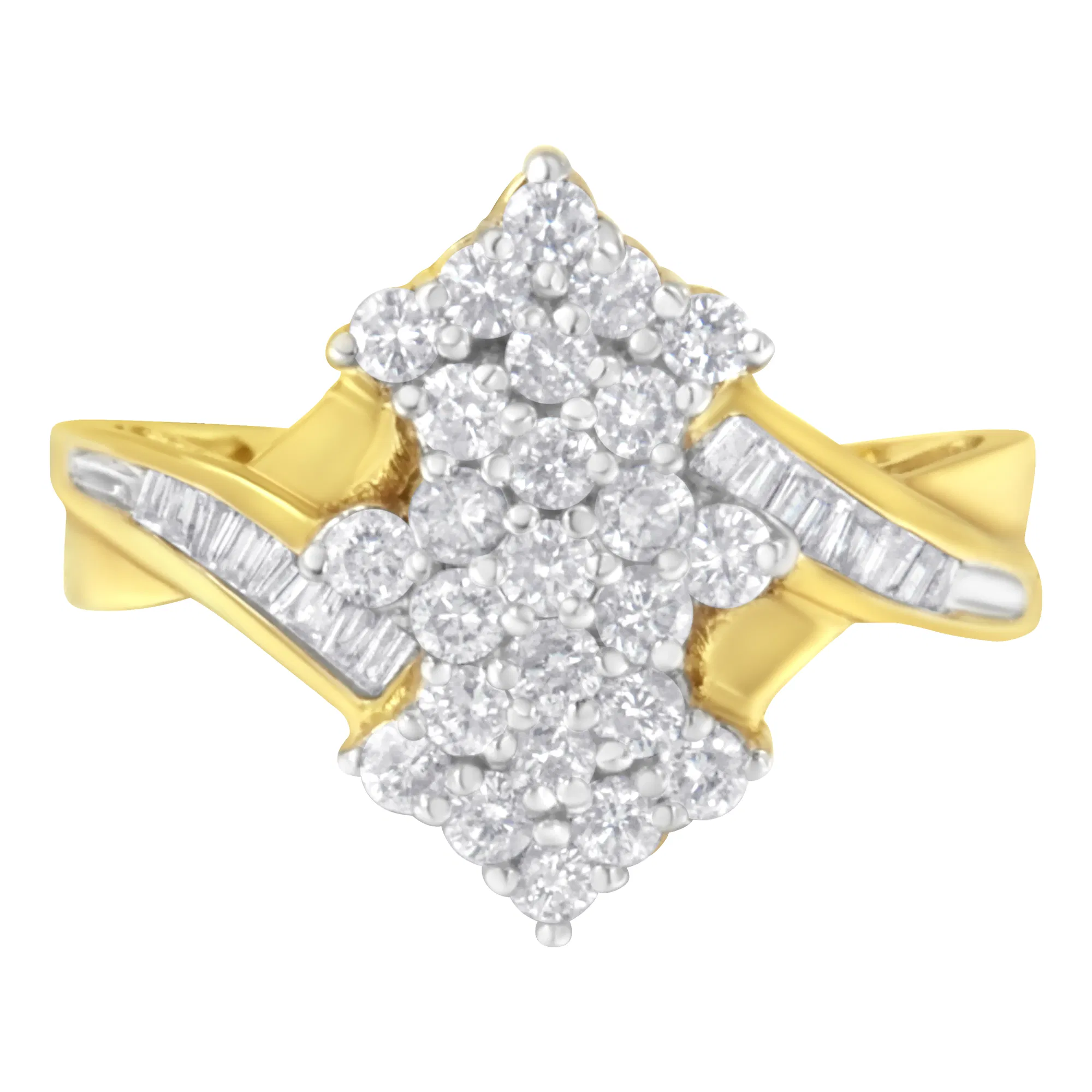 10K Yellow Gold Round And Baguette Cut Diamond Cluster Ring (1 1/10 Cttw, H-I Color, SI2-I1 Clarity) - Grocery