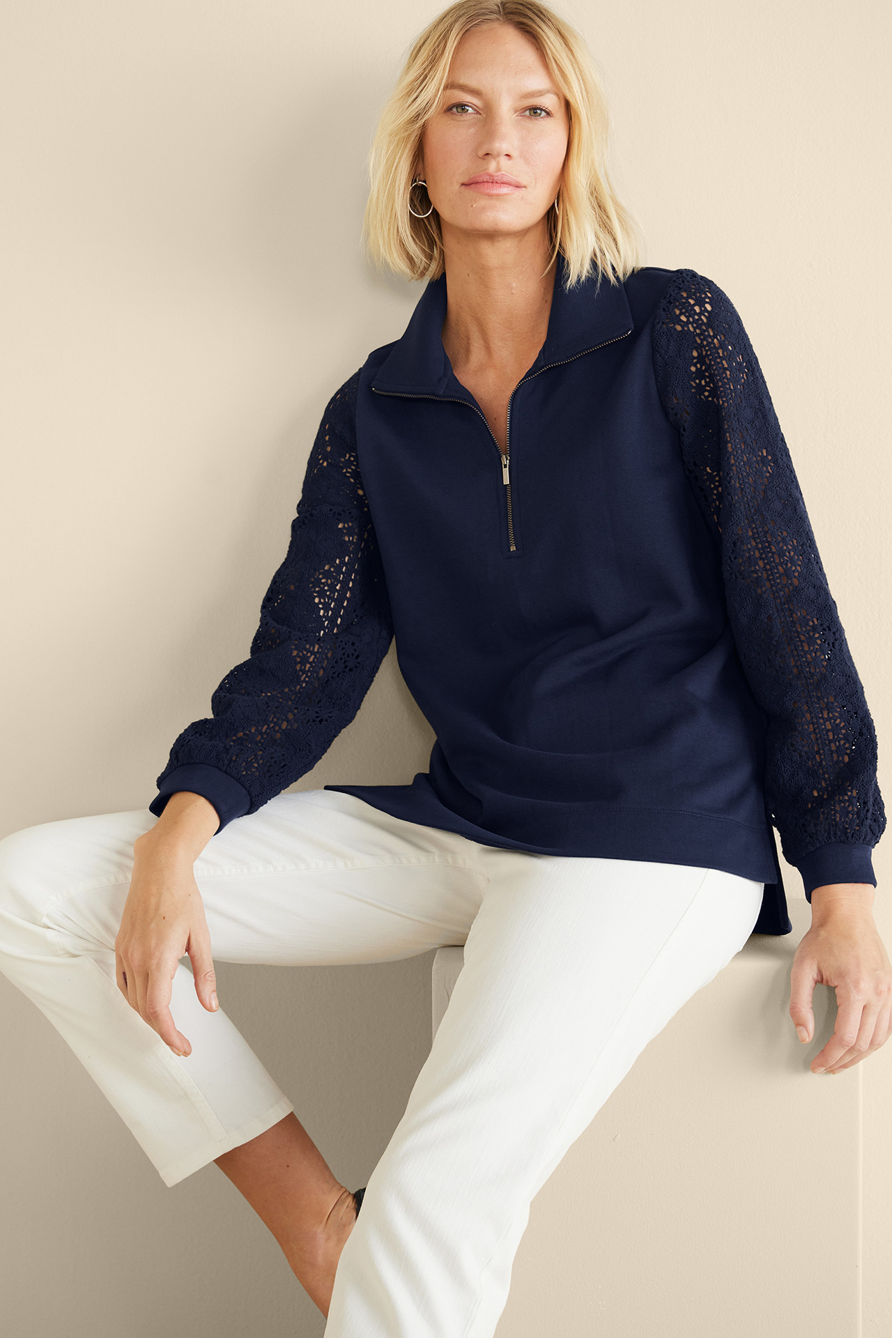 Crochet Sleeve French Terry Tunic - Soft Surroundings Outlet