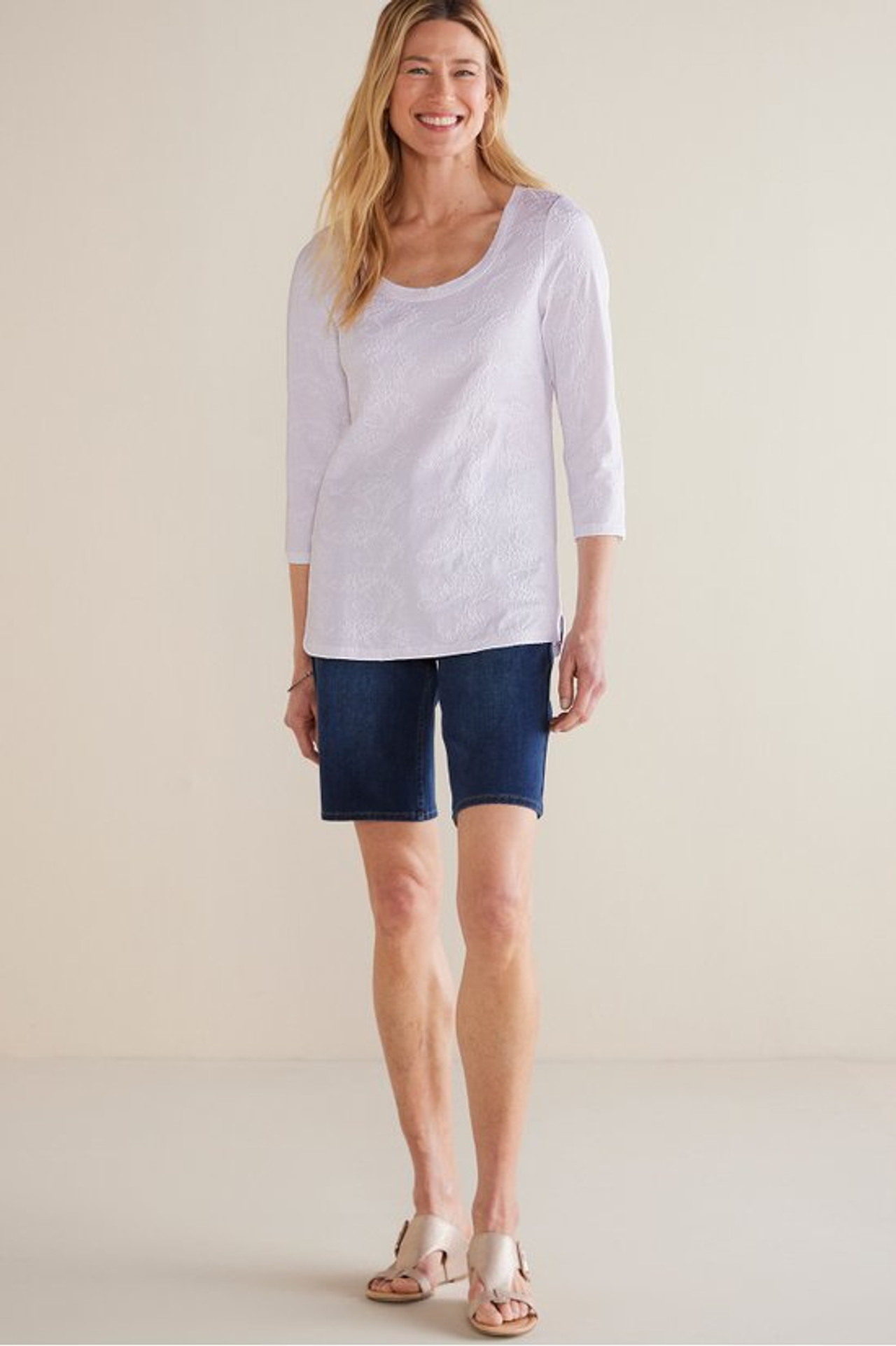 Linnea Embroidered 3/4 Sleeve Tee - Soft Surroundings Outlet
