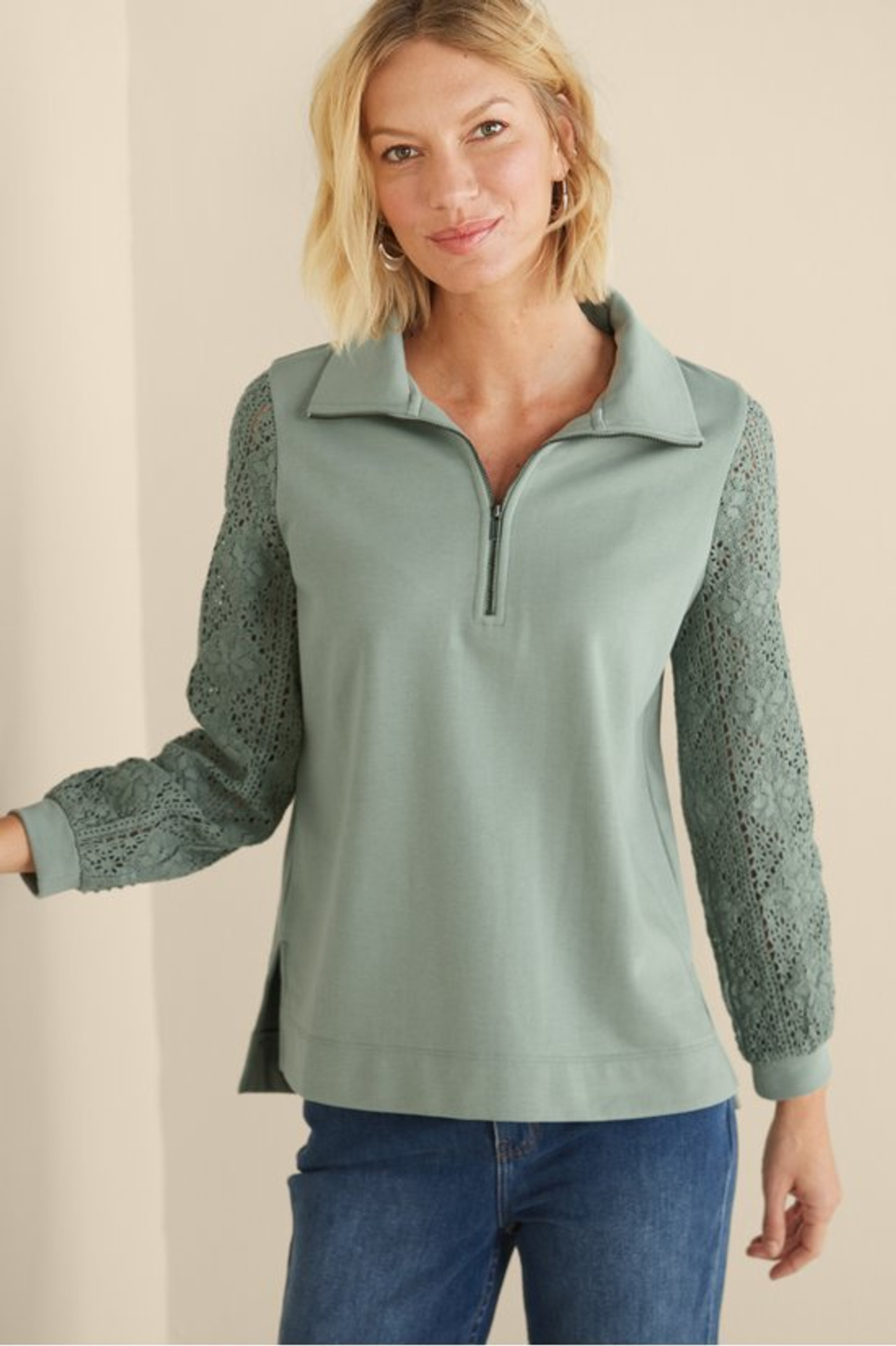 Crochet Sleeve French Terry Tunic - Soft Surroundings Outlet