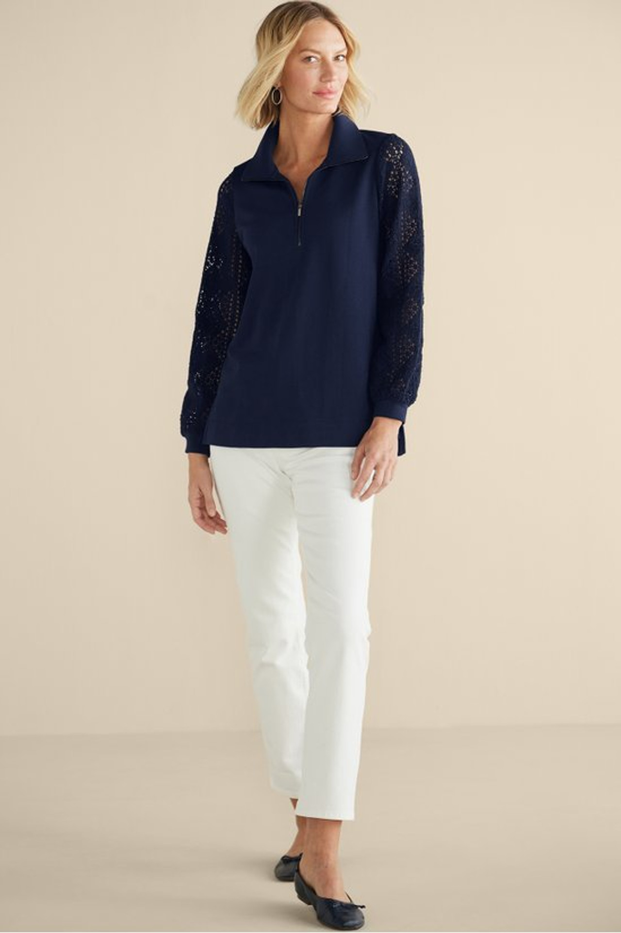 Crochet Sleeve French Terry Tunic - Soft Surroundings Outlet