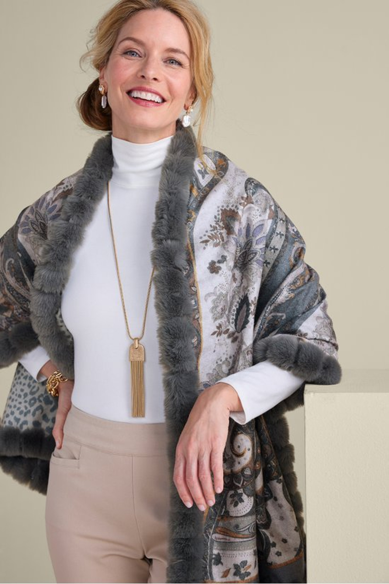 Katya Faux Fur Trim Wrap Scarf - Soft Surroundings Outlet