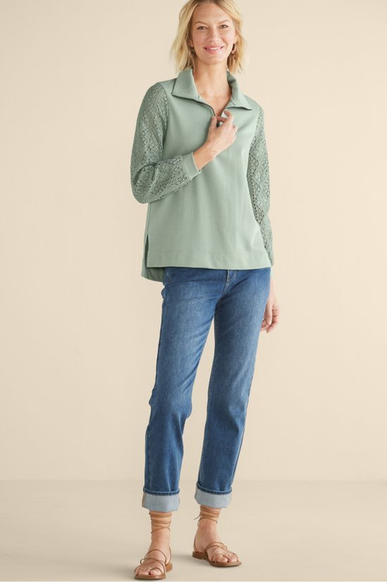 Crochet Sleeve French Terry Tunic - Soft Surroundings Outlet