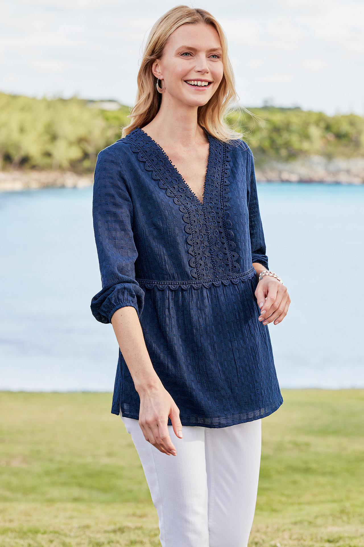 Elodie Windowpane Gauze Top - Soft Surroundings Outlet