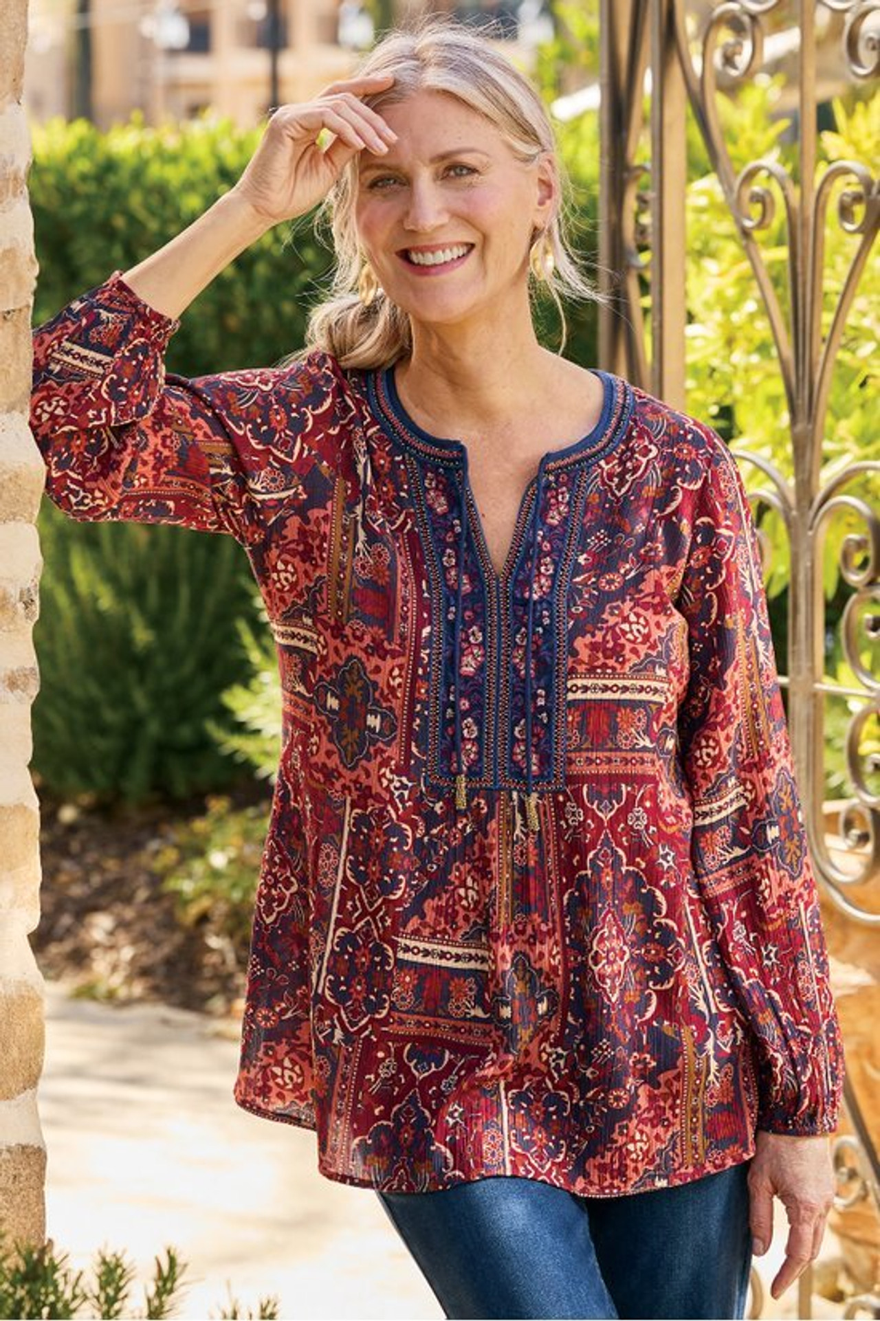 Cindra Embroidered Gauze Tunic - Soft Surroundings Outlet