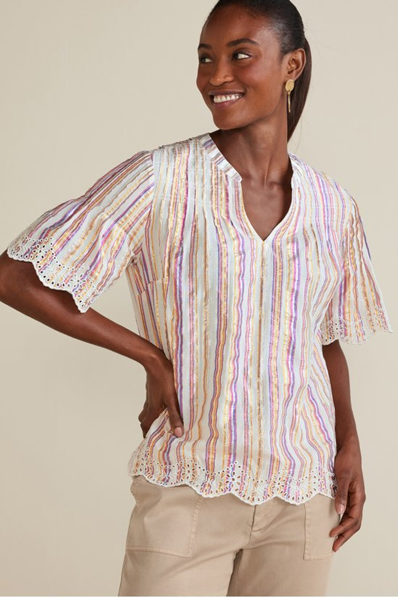 Ciel Metallic Stripe Eyelet Top - Soft Surroundings Outlet