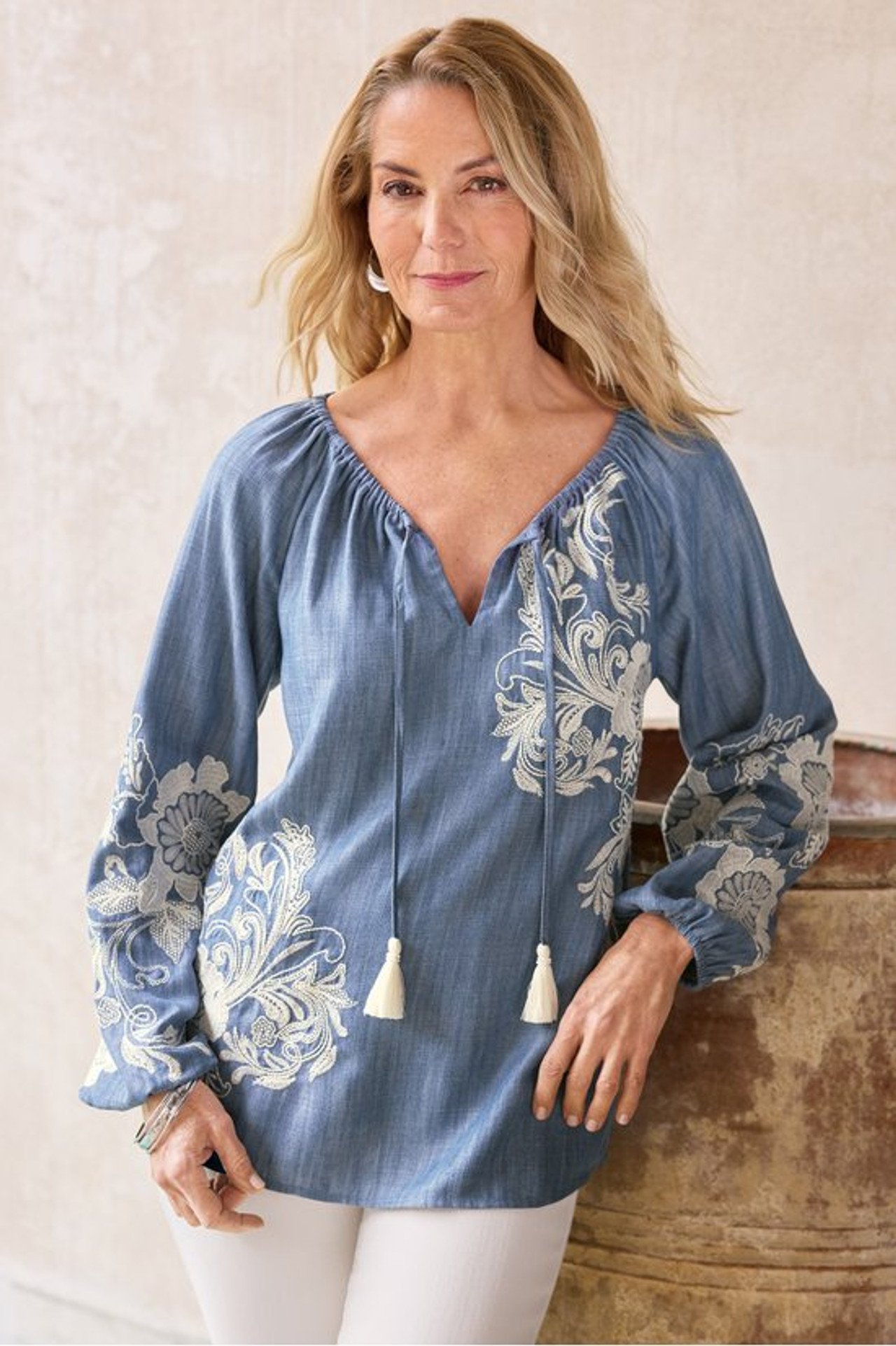 Diya Embroidered TENCEL™ Peasant Top - Soft Surroundings Outlet