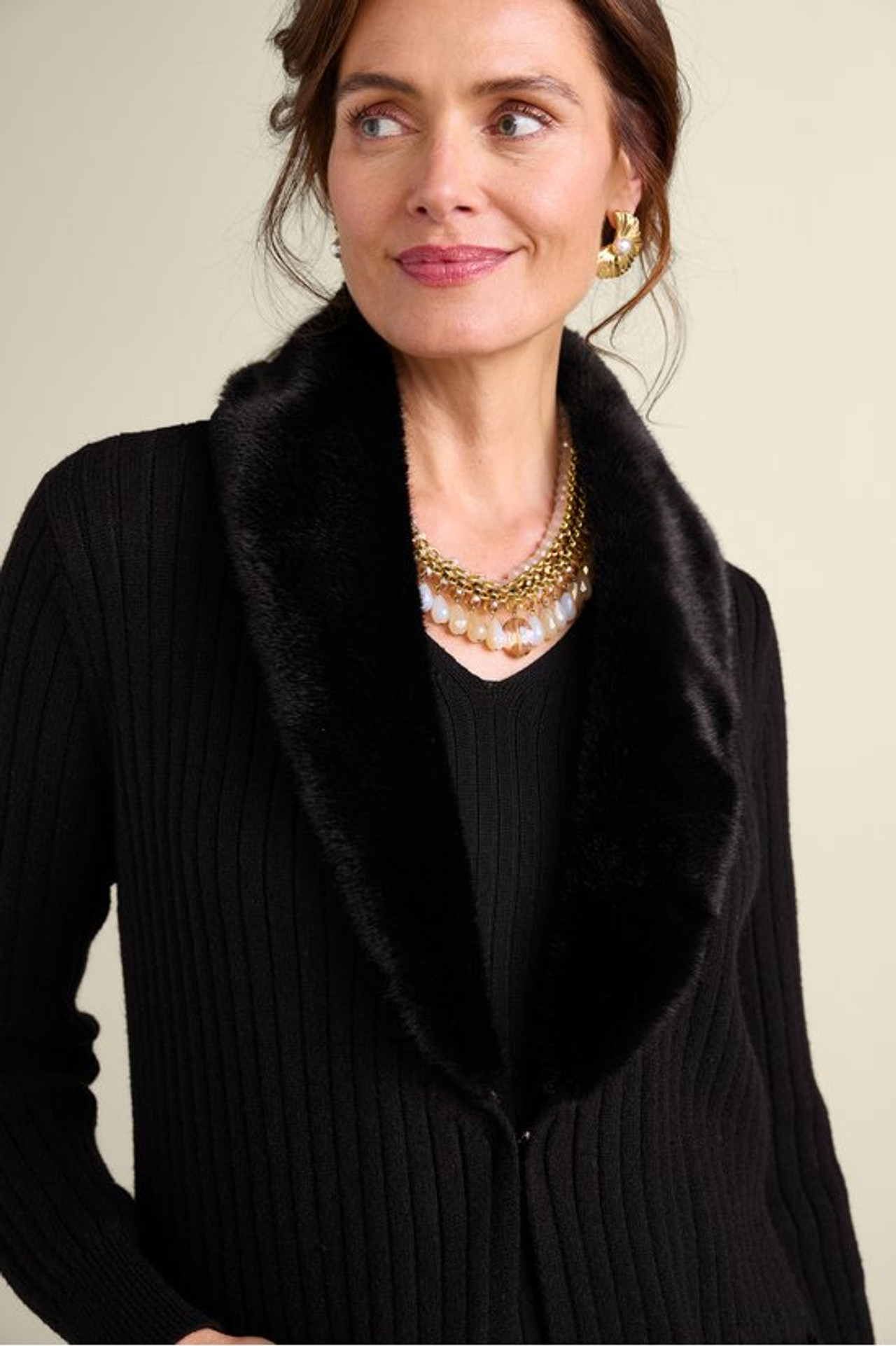 Amalie Faux Fur Collar Ribbed Cardigan - Soft Surroundings Outlet