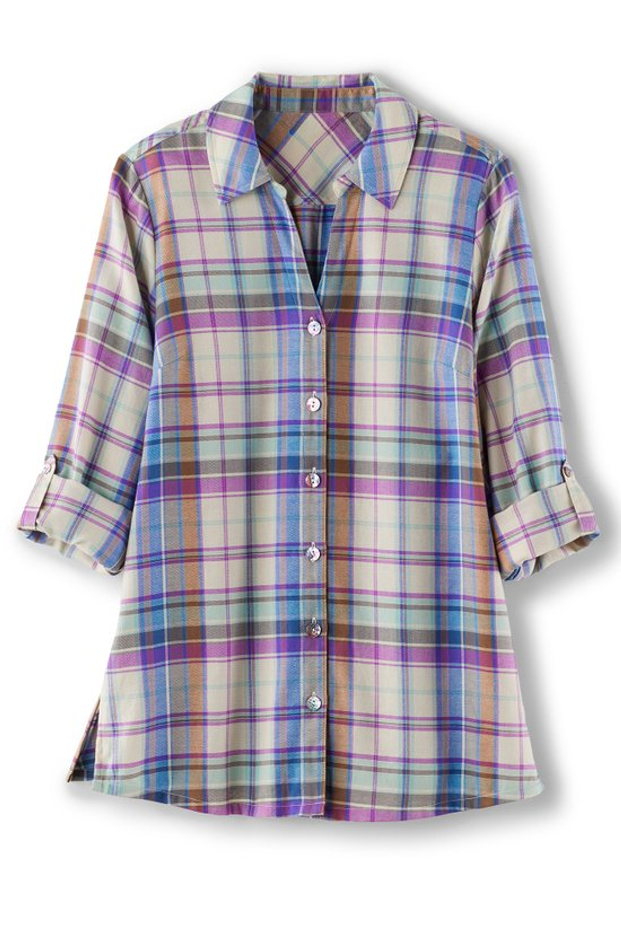 Janine Plaid Button-Front Tunic - Soft Surroundings Outlet