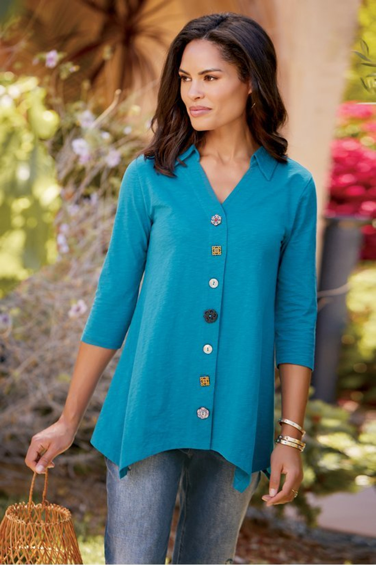 Danielle Button 3/4 Sleeve Tunic - Soft Surroundings Outlet