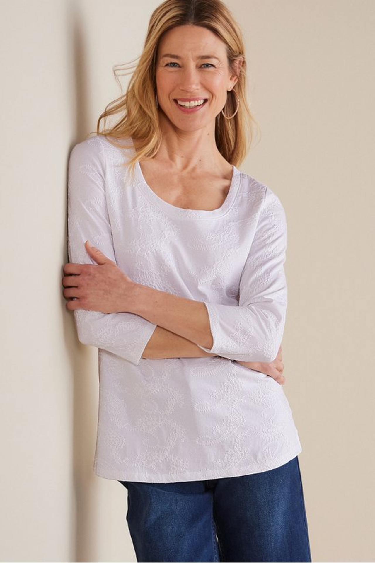 Linnea Embroidered 3/4 Sleeve Tee - Soft Surroundings Outlet