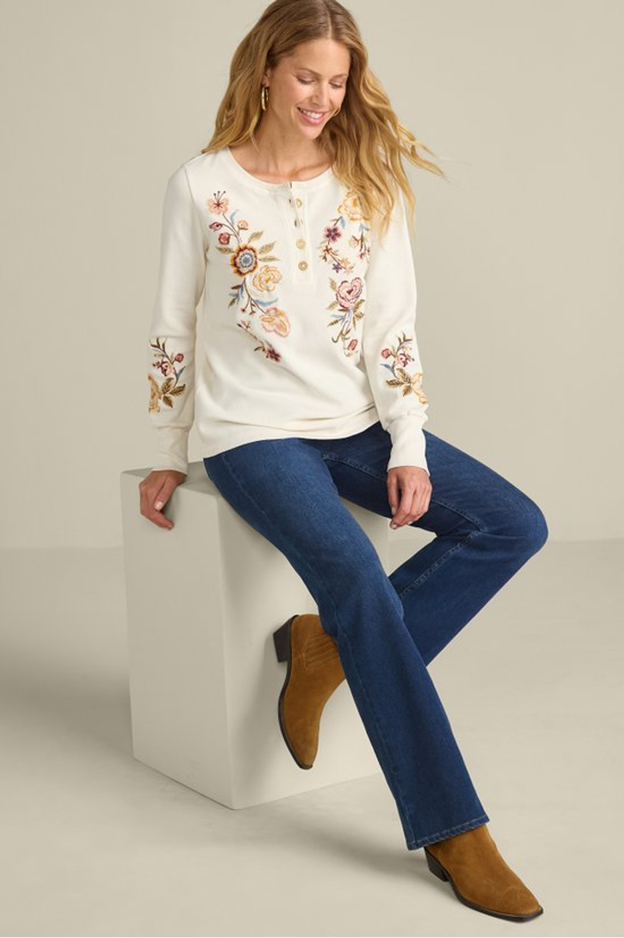 Krissy Embroidered Waffle Pullover - Soft Surroundings Outlet