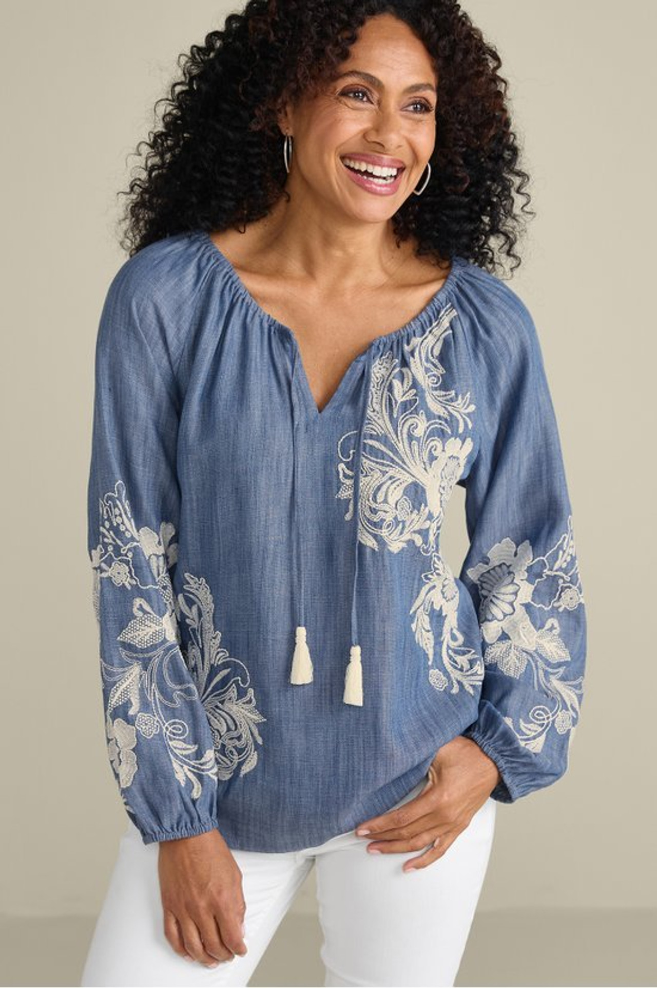 Diya Embroidered TENCEL™ Peasant Top - Soft Surroundings Outlet