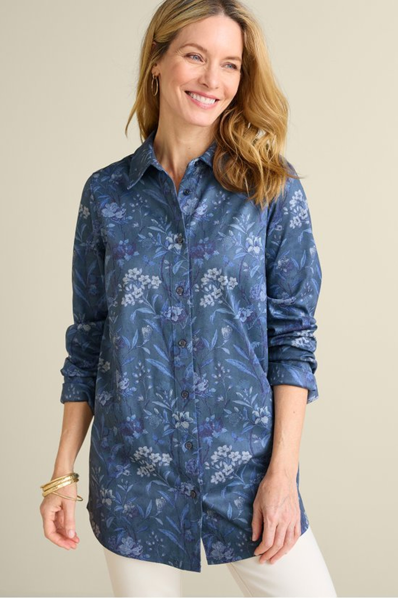 Stretch Faux Suede Boyfriend Tunic Shirt - Soft Surroundings Outlet