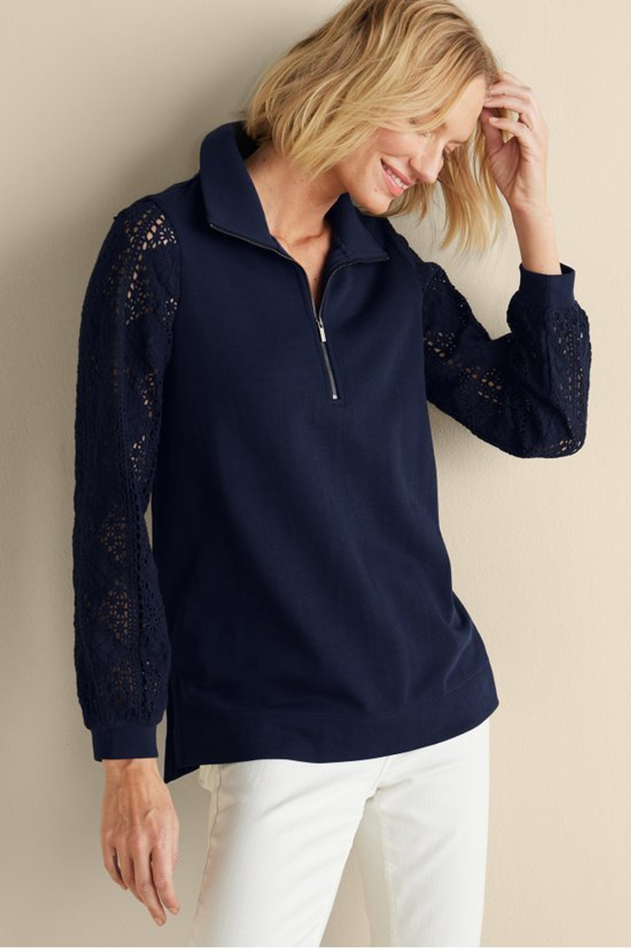 Crochet Sleeve French Terry Tunic - Soft Surroundings Outlet