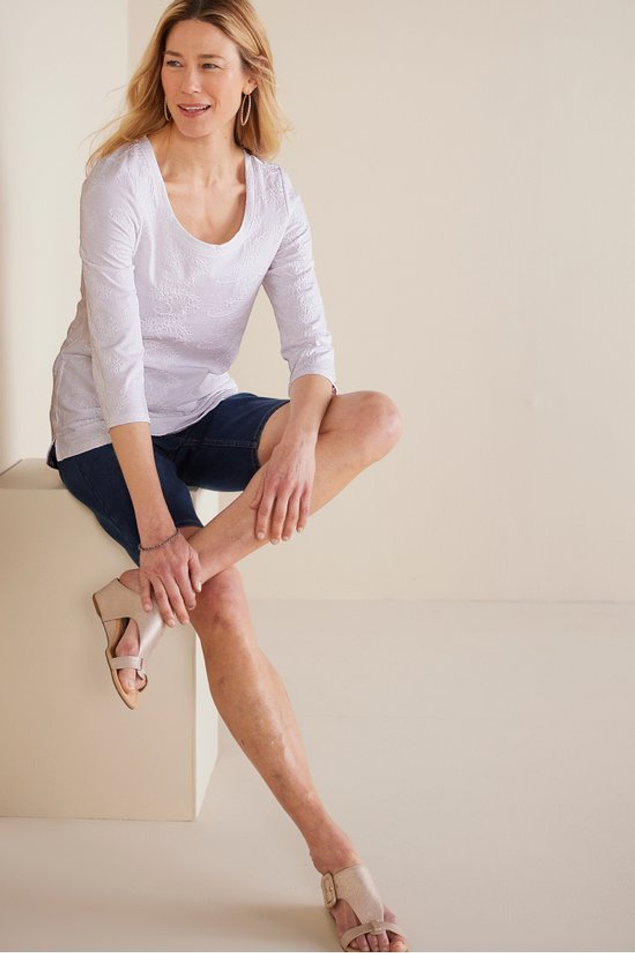 Linnea Embroidered 3/4 Sleeve Tee - Soft Surroundings Outlet