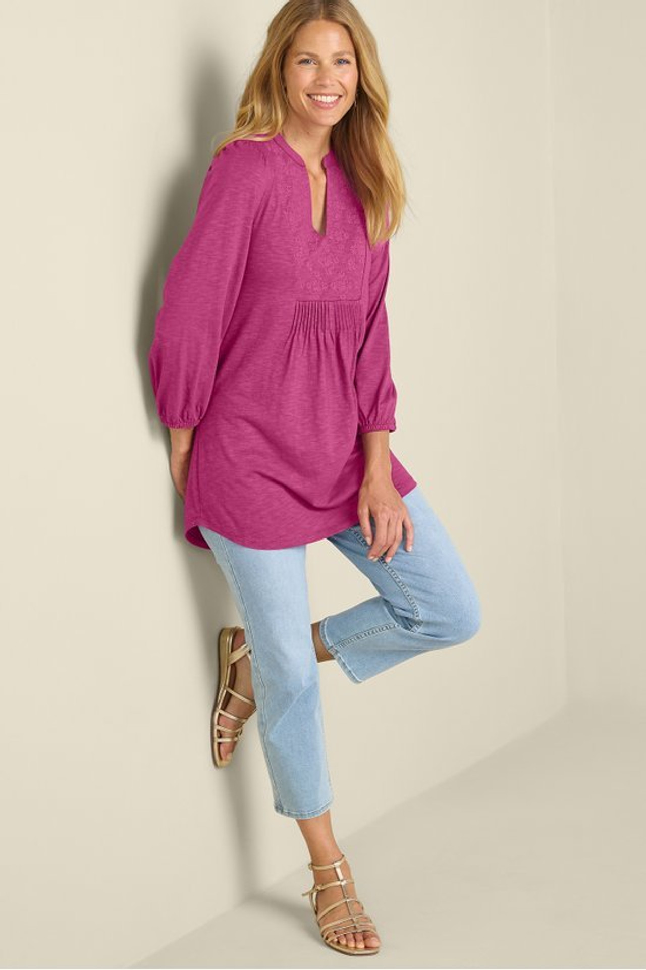 Mikaela Embroidered 3/4 Sleeve Tunic - Soft Surroundings Outlet