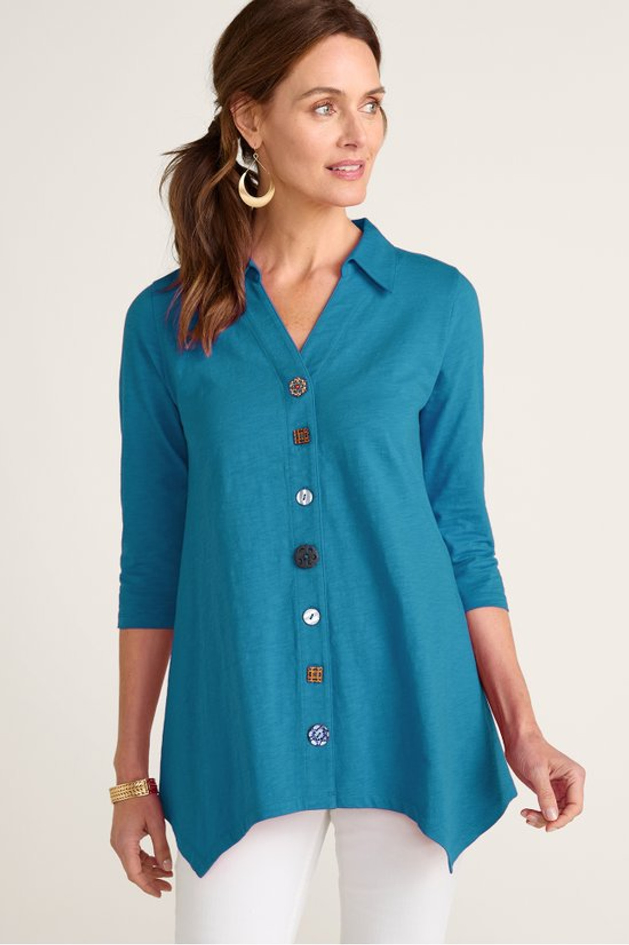 Danielle Button 3/4 Sleeve Tunic - Soft Surroundings Outlet