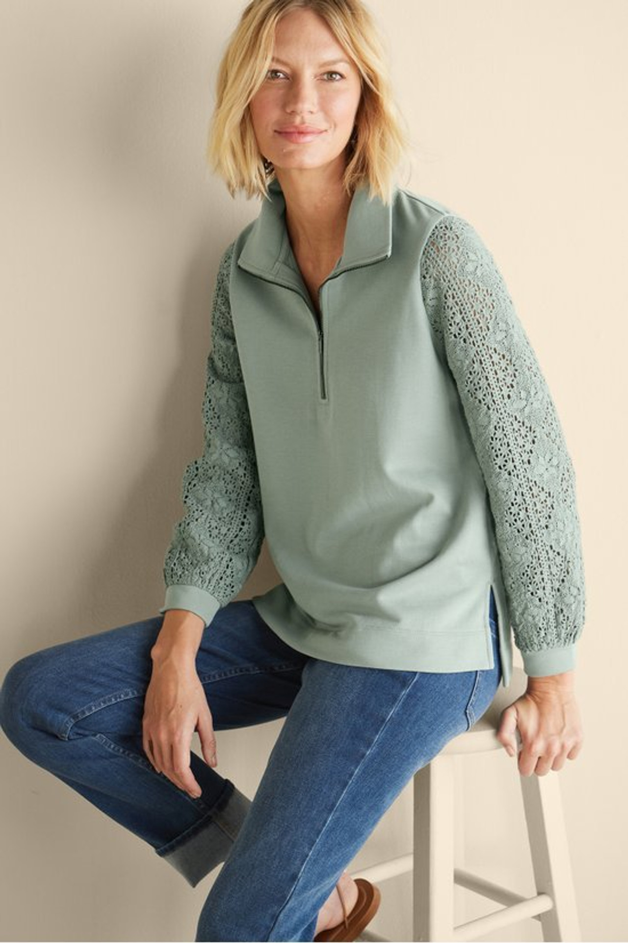 Crochet Sleeve French Terry Tunic - Soft Surroundings Outlet