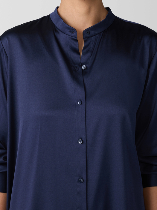 Stretch Silk Charmeuse Band Collar Long Shirt - Eileen Fisher Outlet