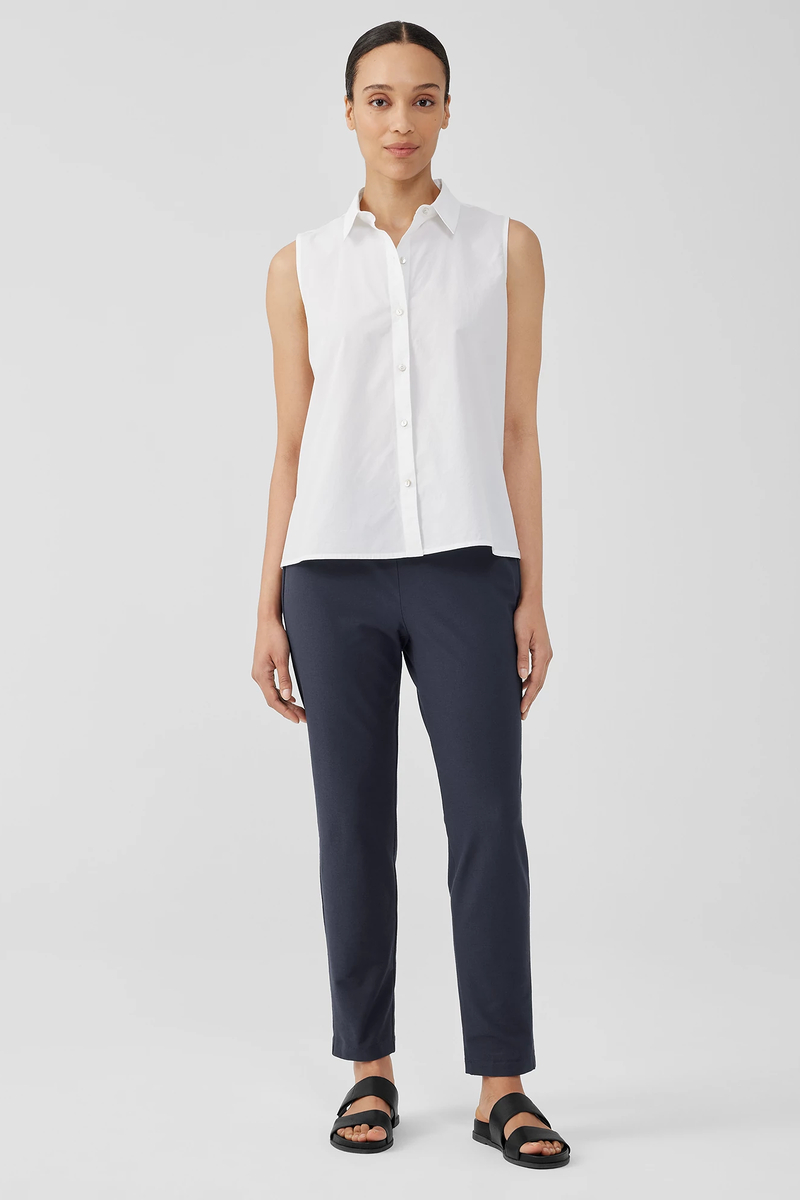 Stretch Silk Charmeuse Band Collar Long Shirt - Eileen Fisher Outlet